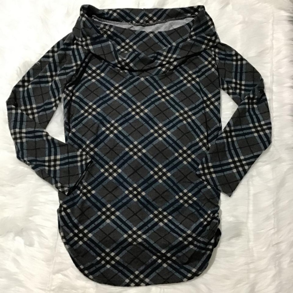 Women’s Grey Black Teal Plaid Cotton Cowl Sweater Long Sleeve Pullover